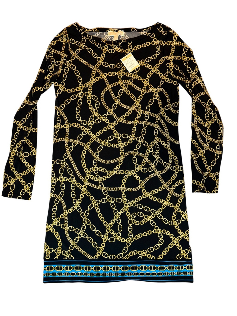 MICHAEL Michael Kors Black Dress with Gold Chain Print and Blue Hem